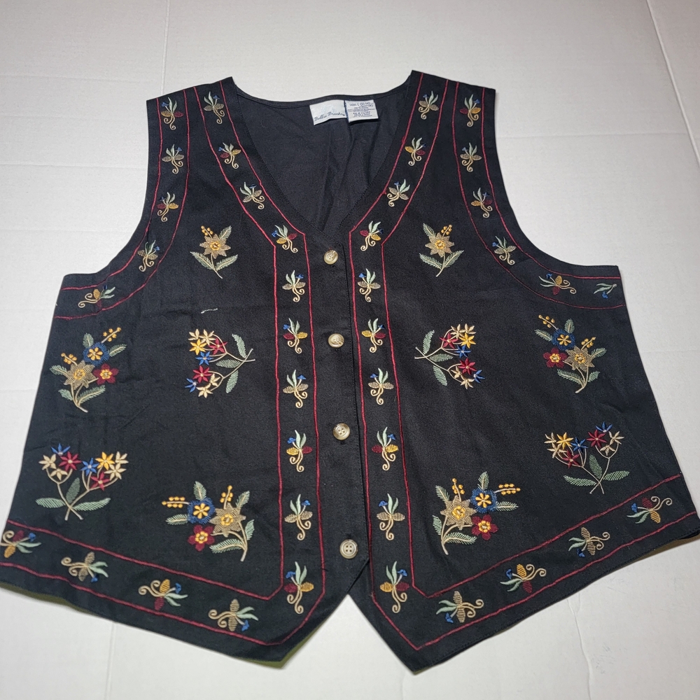 Bobbie Brooks‎ Embroidered Floral Design Black Ladies Vest Size Large